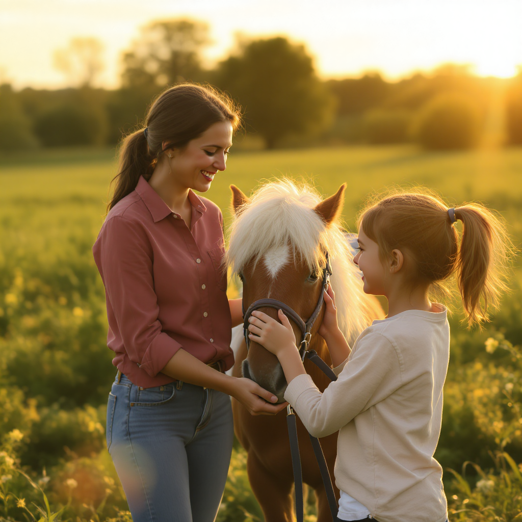 Reitlehrerin mit Kind und Pony – kindgerechter und tierfreundlicher Reitunterricht Eine Reitlehrerin steht mit einem Kind und einem Pony auf dem Reitplatz – sie zeigen Vertrauen, Nähe und Freude im achtsamen Reitunterricht