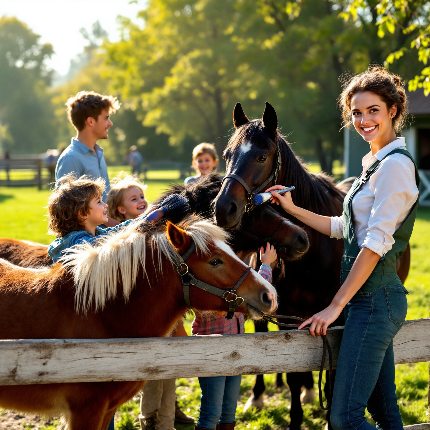 Eine Reitlehrerin mit Kindern und Ponys auf einem Reitplatz – spielerischer, kindgerechter Reitunterricht in entspannter Atmosphäre.